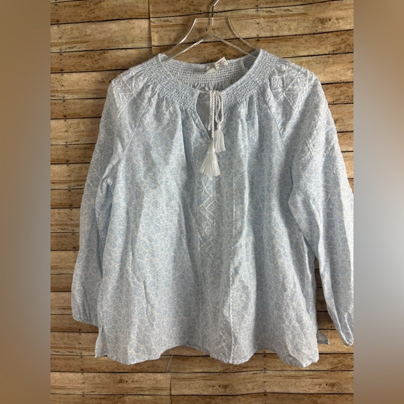 JOIE Long Sleeve Blouse Embroidered Floral Blue and White Linen Top LARGE - Picture 1 of 8